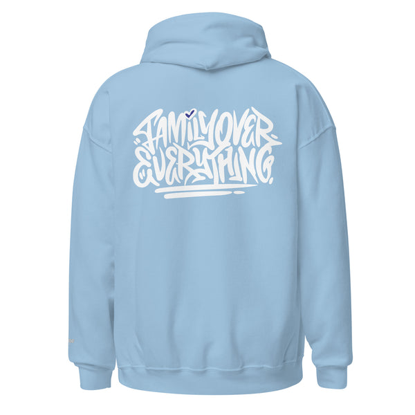 Family Over Everything Blue Love White - Hoodie Embroidered Front & Full Back Print