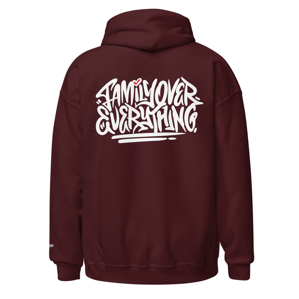 Family Over Everything Red Love White - Hoodie Embroidered Front & Full Back Print